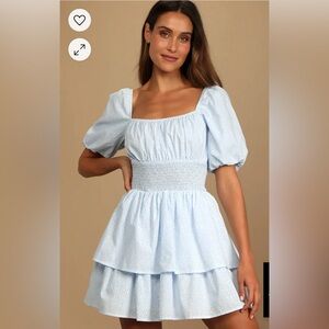 Lulus Tiers to Me Light blue puff sleeve tiered skater mini dress